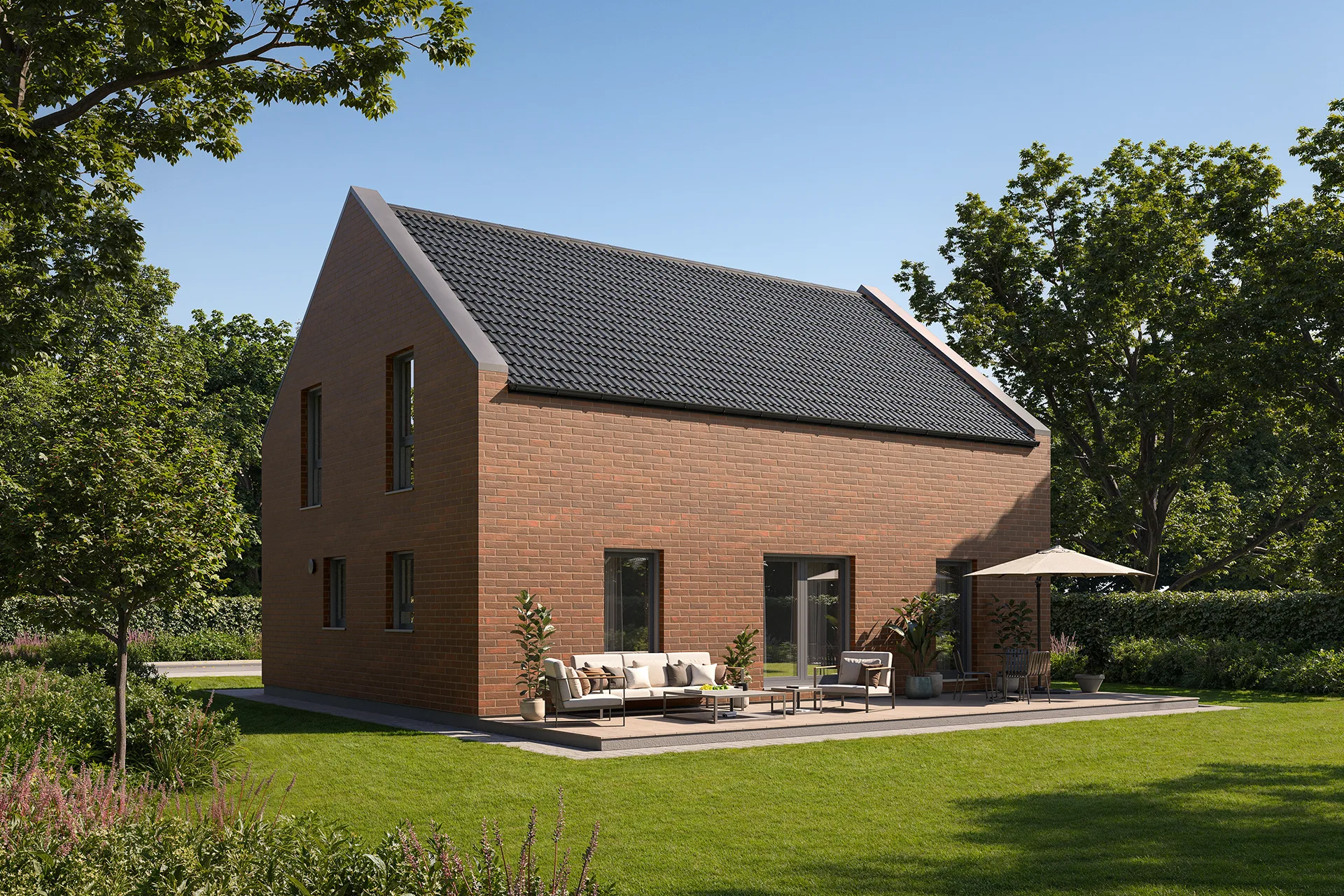 Klinkerhaus Cape Dutch von Meisterstueck Haus Außenansicht aus Bäumen