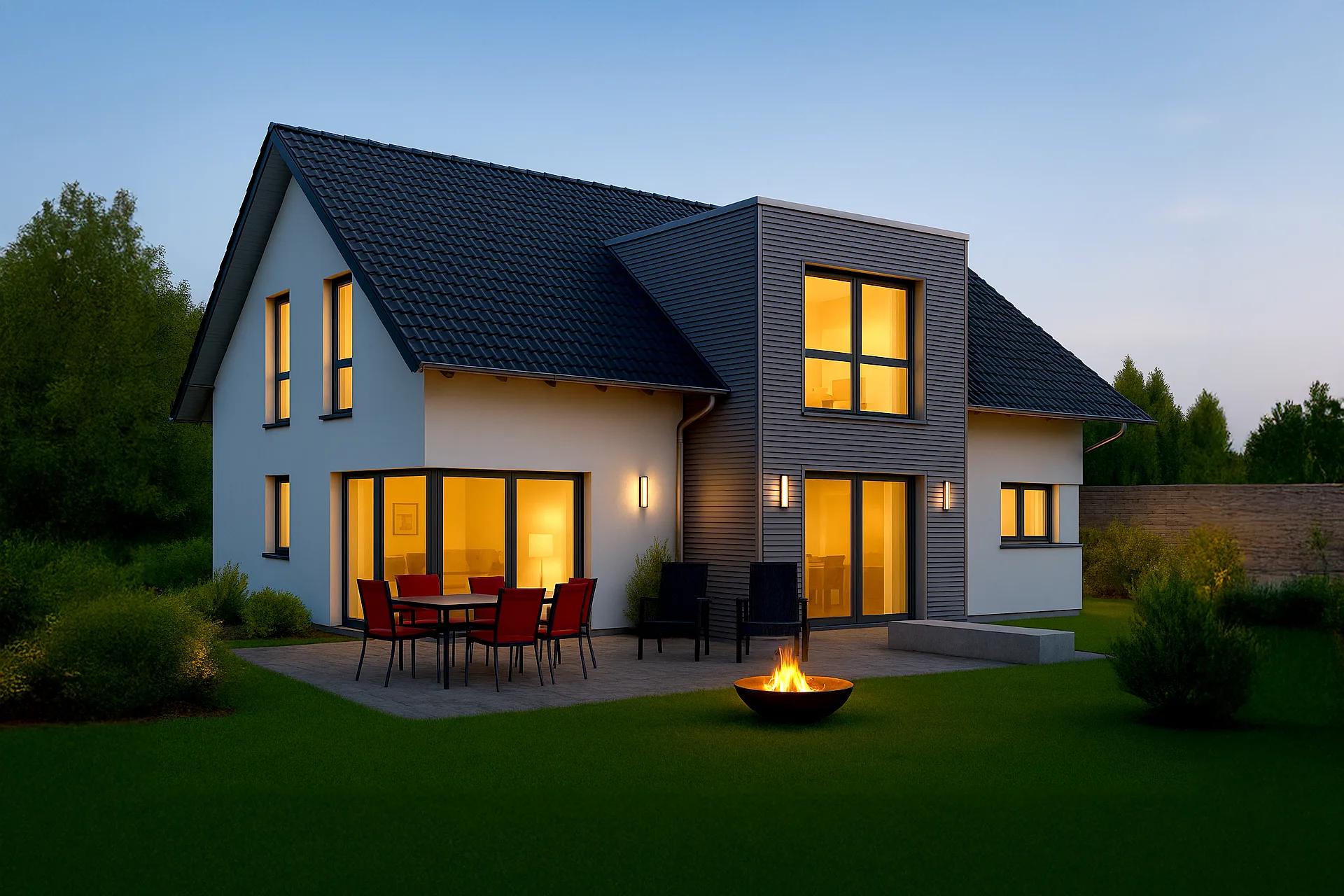 Aktionshaus LINEAR mit 3. Giebel von Meisterstueck Haus Gartenansicht