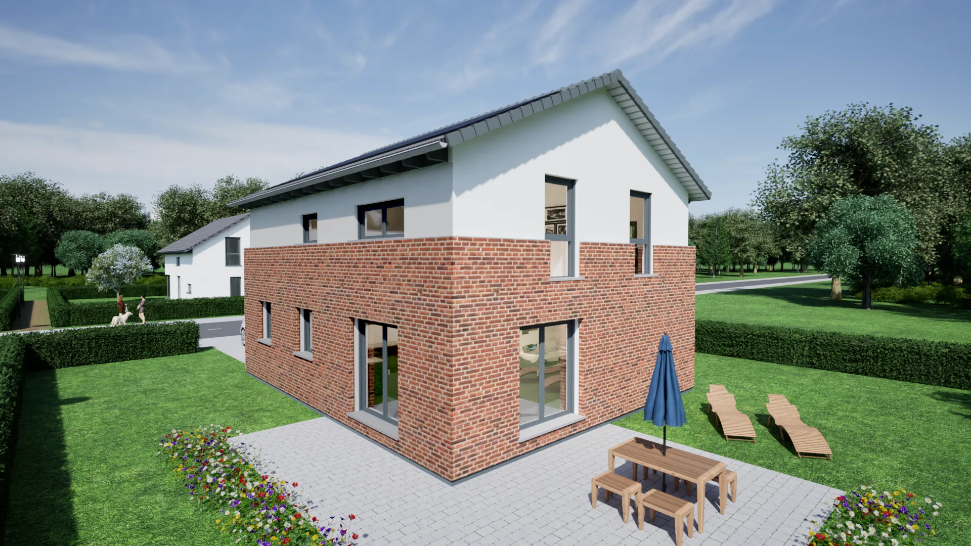 Klinkerhaus Nordic Fusion von Meisterstueck Haus aus der Terrassenansicht