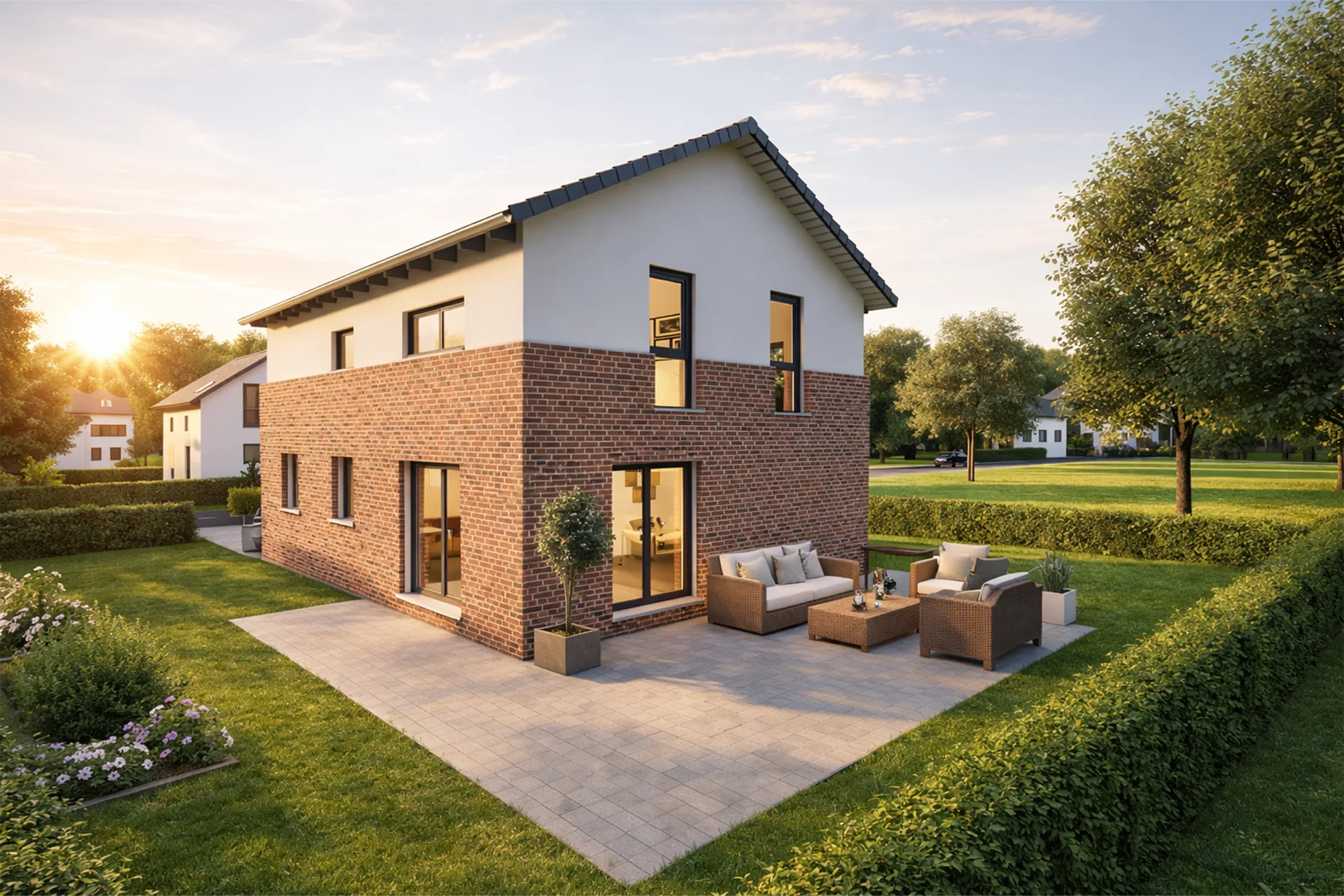 Klinkerhaus Nordic Fusion von Meisterstück Haus aus der Terrassenansicht