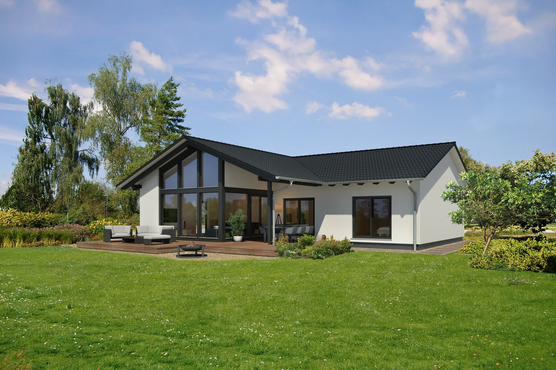 Winkelbungalow Midsommer von Meisterstück-HAUS - Gartenansicht
