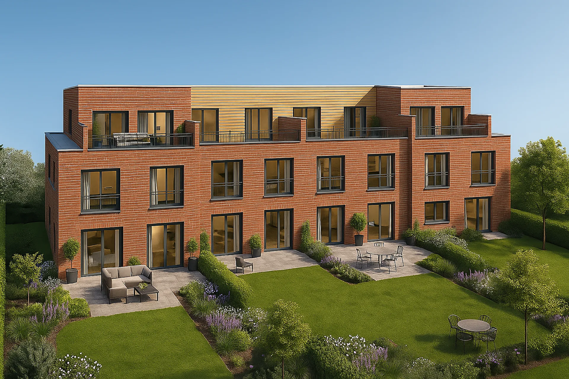 Reihenhaus (4 WE) mit Staffelgeschoss von Meisterstueck Haus Klinker und Holz