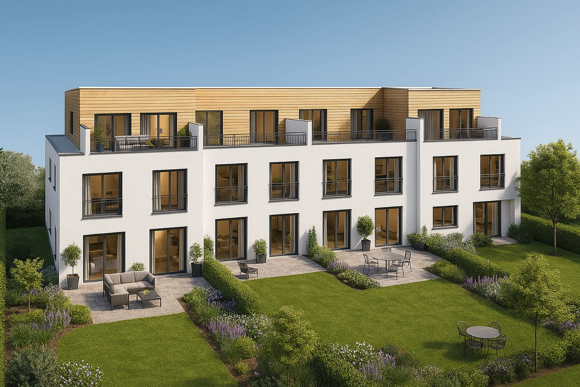 Reihenhaus (4 WE) mit Staffelgeschoss von Meisterstueck Haus Putz und Holz 2