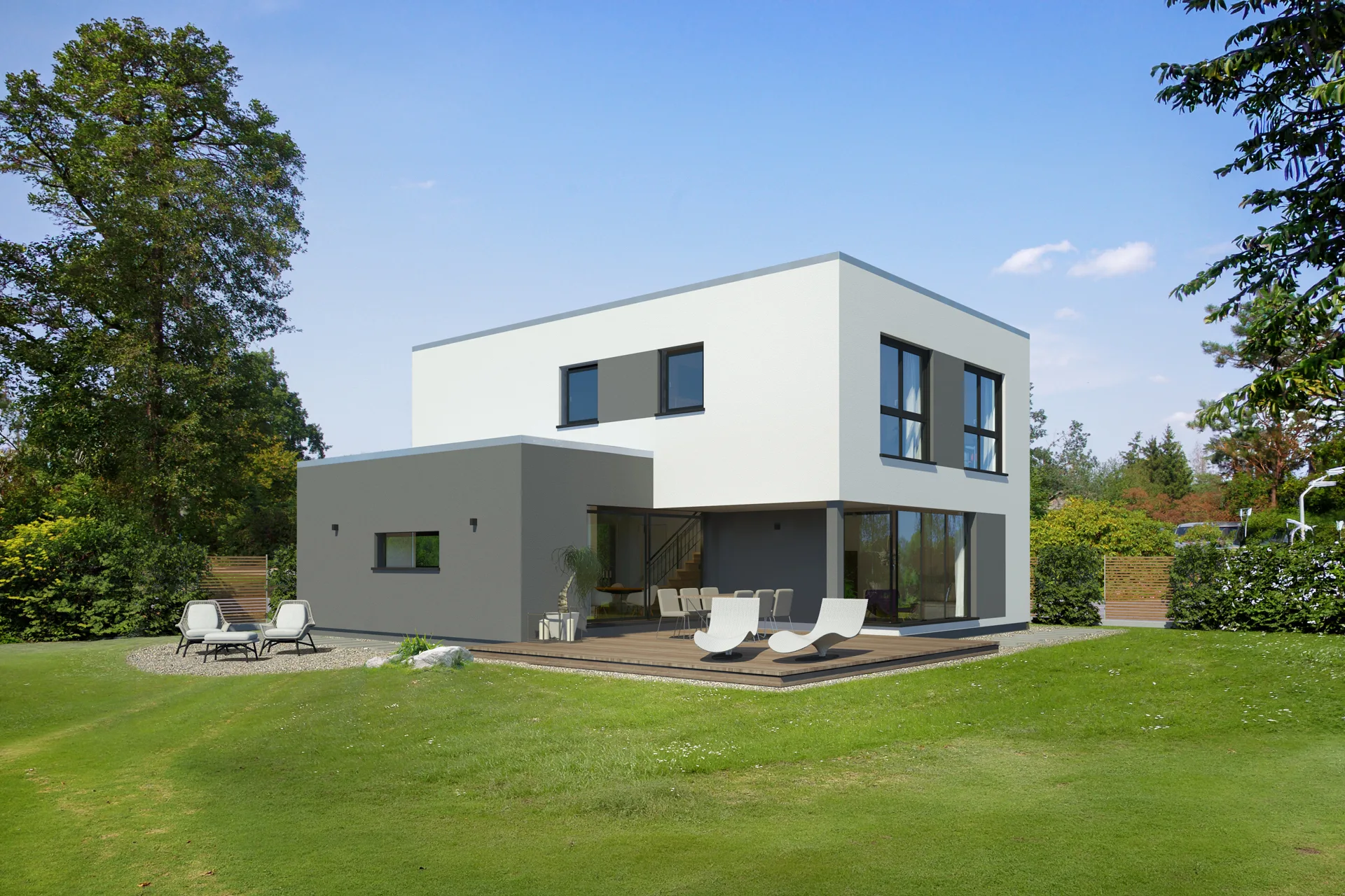 X Black2 Putz grau von Meisterstück-HAUS Gartenansicht