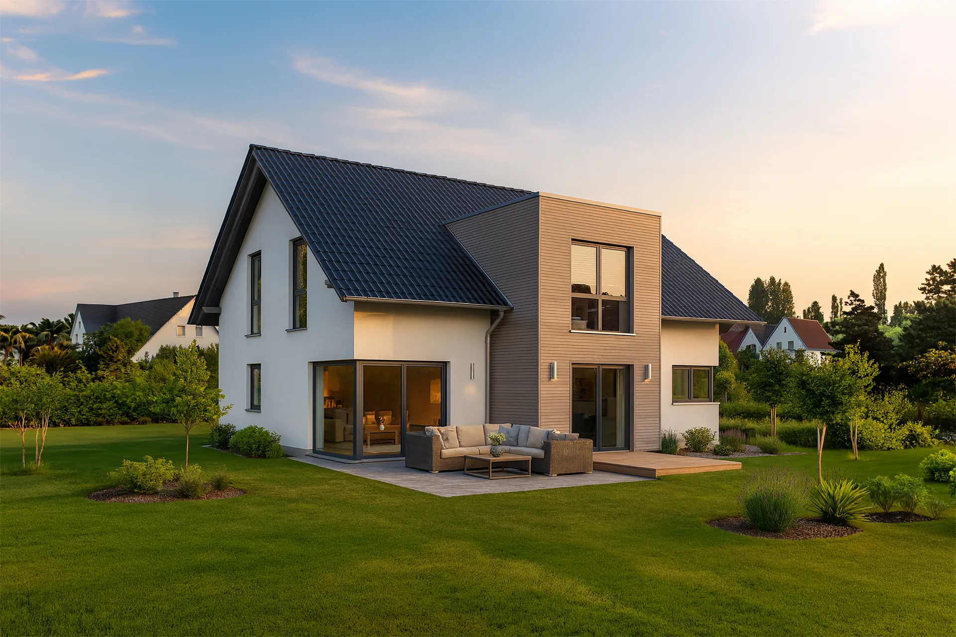 Aktionshaus Linear mit 3 Giebel und Holzverschalung von Meisterstück-HAUS