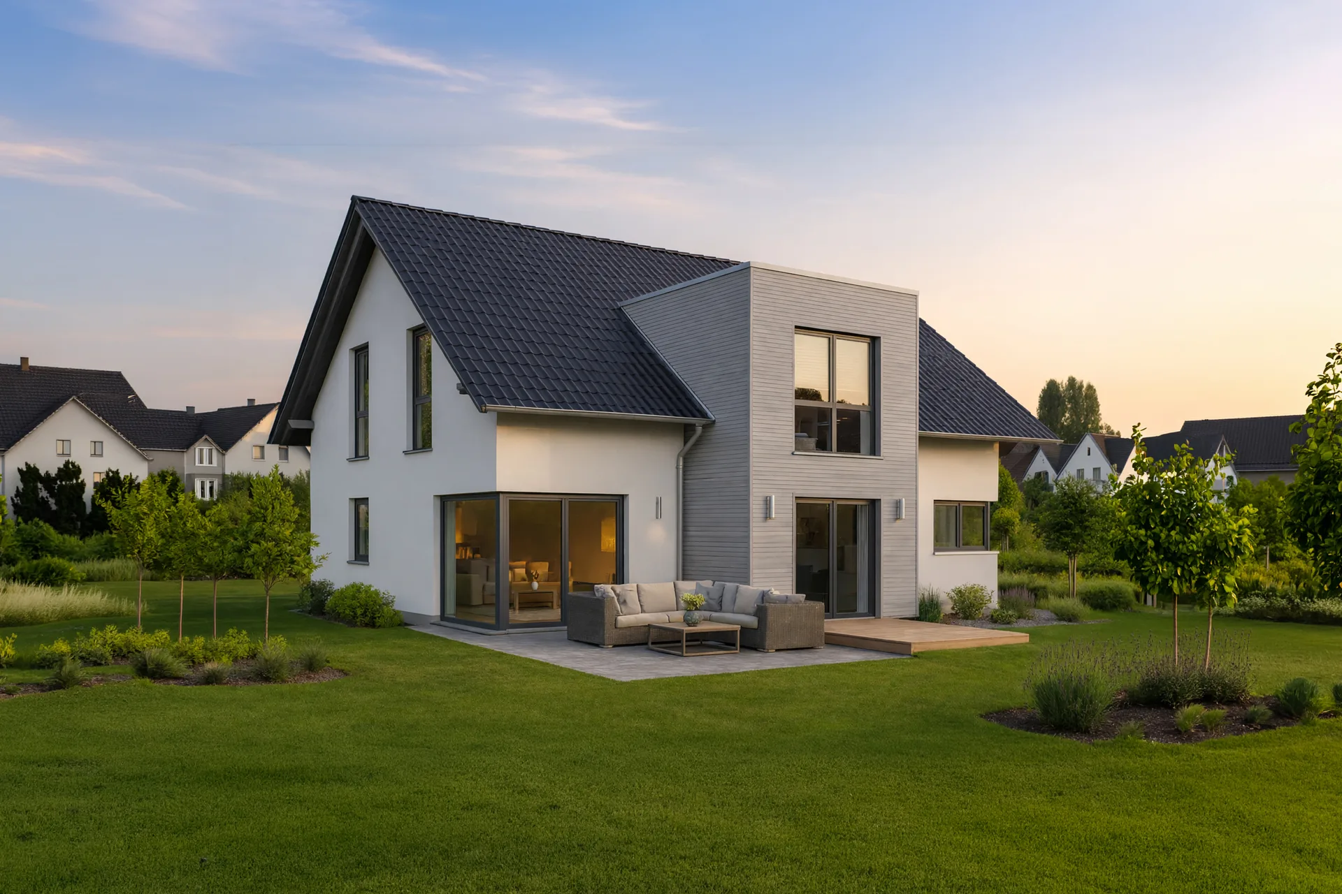 Aktionshaus Linear mit 3 Giebel und Holzverschalung hell von Meisterstück-HAUS