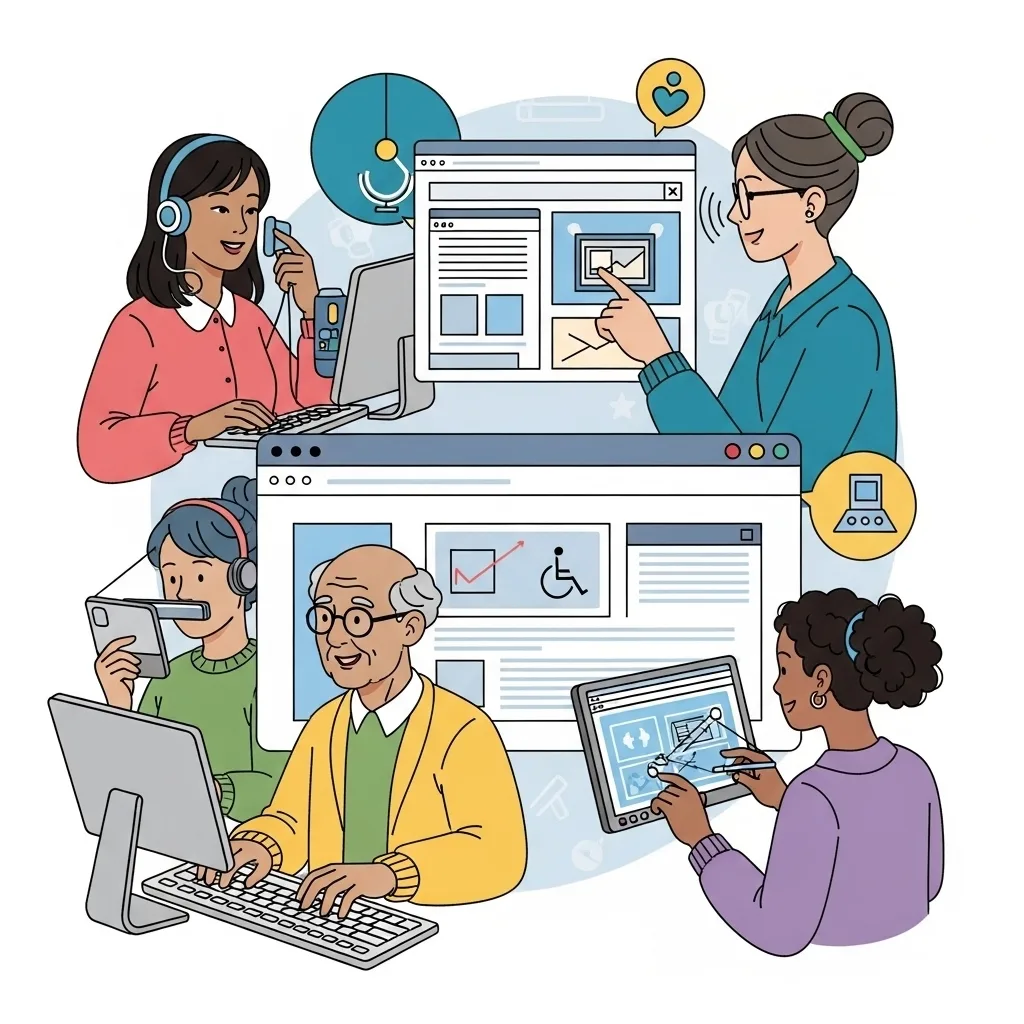 Barrierefreiheit – Situationen mit digitale Barrieren Illustration mit Situationen wo digitale Barrieren uns in der täglichen Nutzung des Internets begegnen können