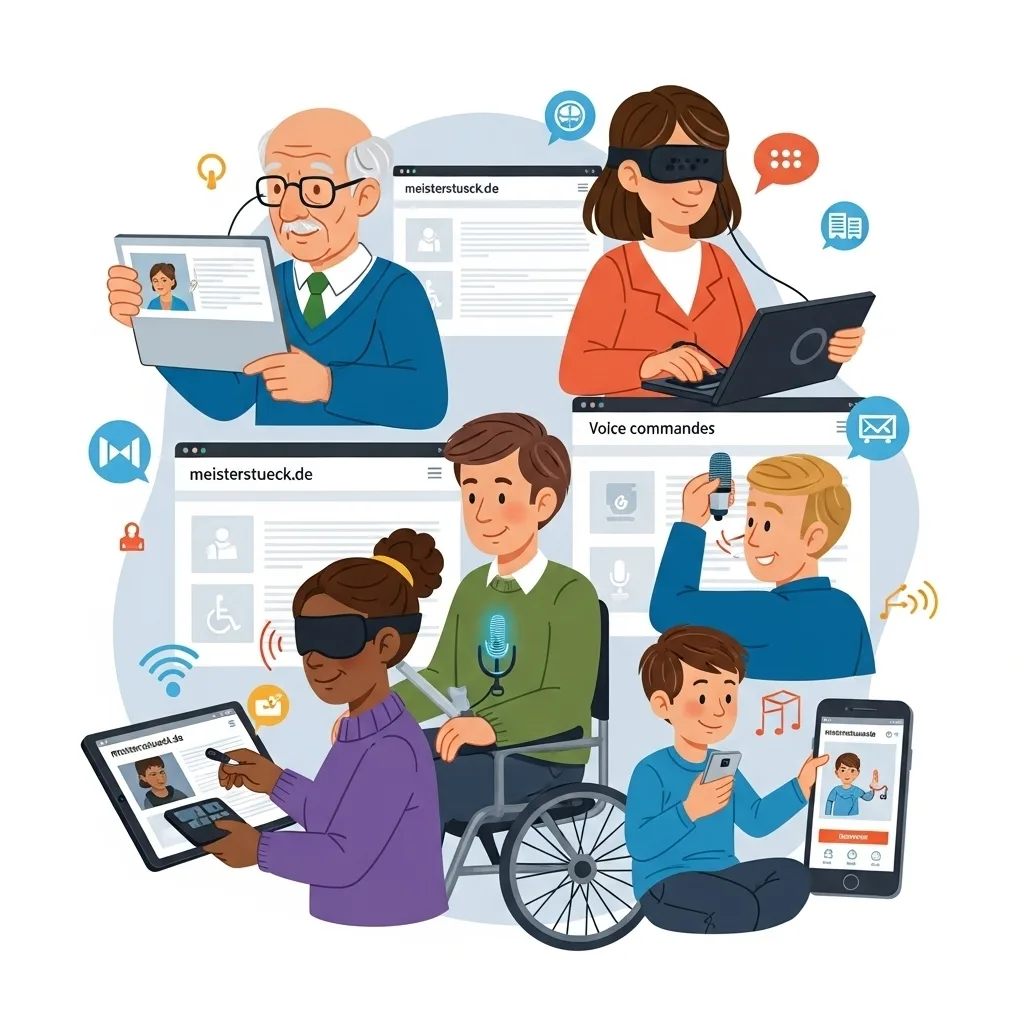 Barrierefreiheit – Lösungen um digitale Barrieren zu reduzieren Eine Illustration zeigt verschiedene Menschen, die barrierefrei mit einer Website interagieren: Nutzer mit Screenreader, Braille-Display, Sprachsteuerung und angepasster Schriftgröße. Es verdeutlicht, wie digitale Barrieren durch zugängliches Design und assistive Technologien überwunden werden, um jedem den Zugang zur Online-Welt zu ermöglichen.